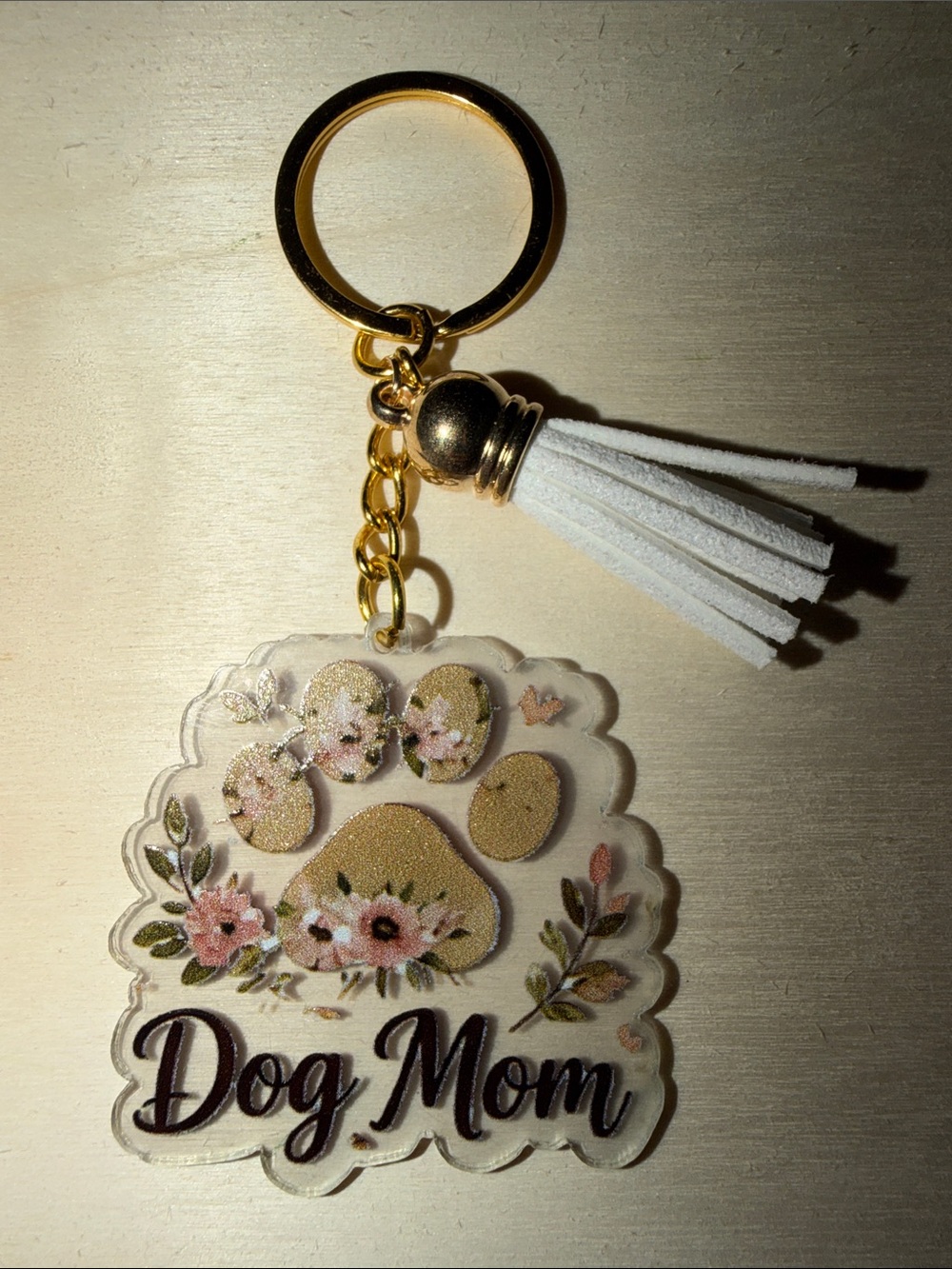 Dog Mom Floral Paw Acrylic Handmade Keychain with White Tassel